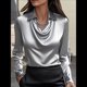 thumbnail image 5 of Camisas Elegantes de Larga con Cuello de Color Liso para Mujer, Camisetas Formales de Trabajo, Blusas Casuales de Oficina Gris S, 5 of 6