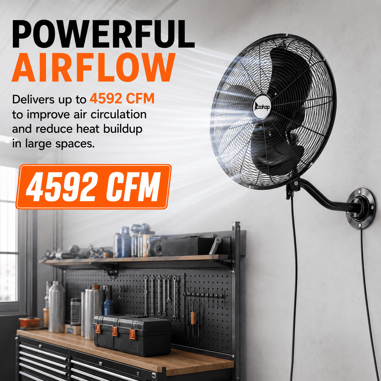 Alvantor 18-Inch Wall Mount Fan, 3-Speed Oscillating Fan, 4592 CFM, 110V, Black