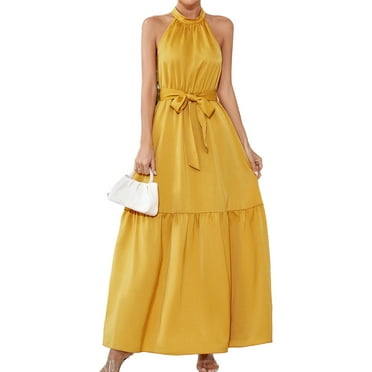 Reiche Women Long Dress Halter Neck Sleeveless Flowy Ruffle Hem Waist Belt Pure Color Summer Dress Yellow XL