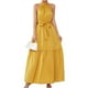 thumbnail image 1 of Vestido largo de mujer con cuello halter, sin mangas, dobladillo con volantes fluidos, cinturón de cintura, vestido de verano de color puro amarillo S, 1 of 6