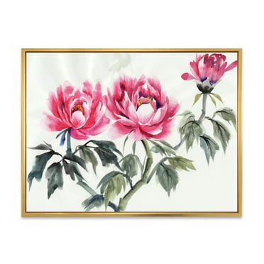 Designart 'Ancient Purple Peonies Branch' Traditional Framed Canvas Wall Art Print