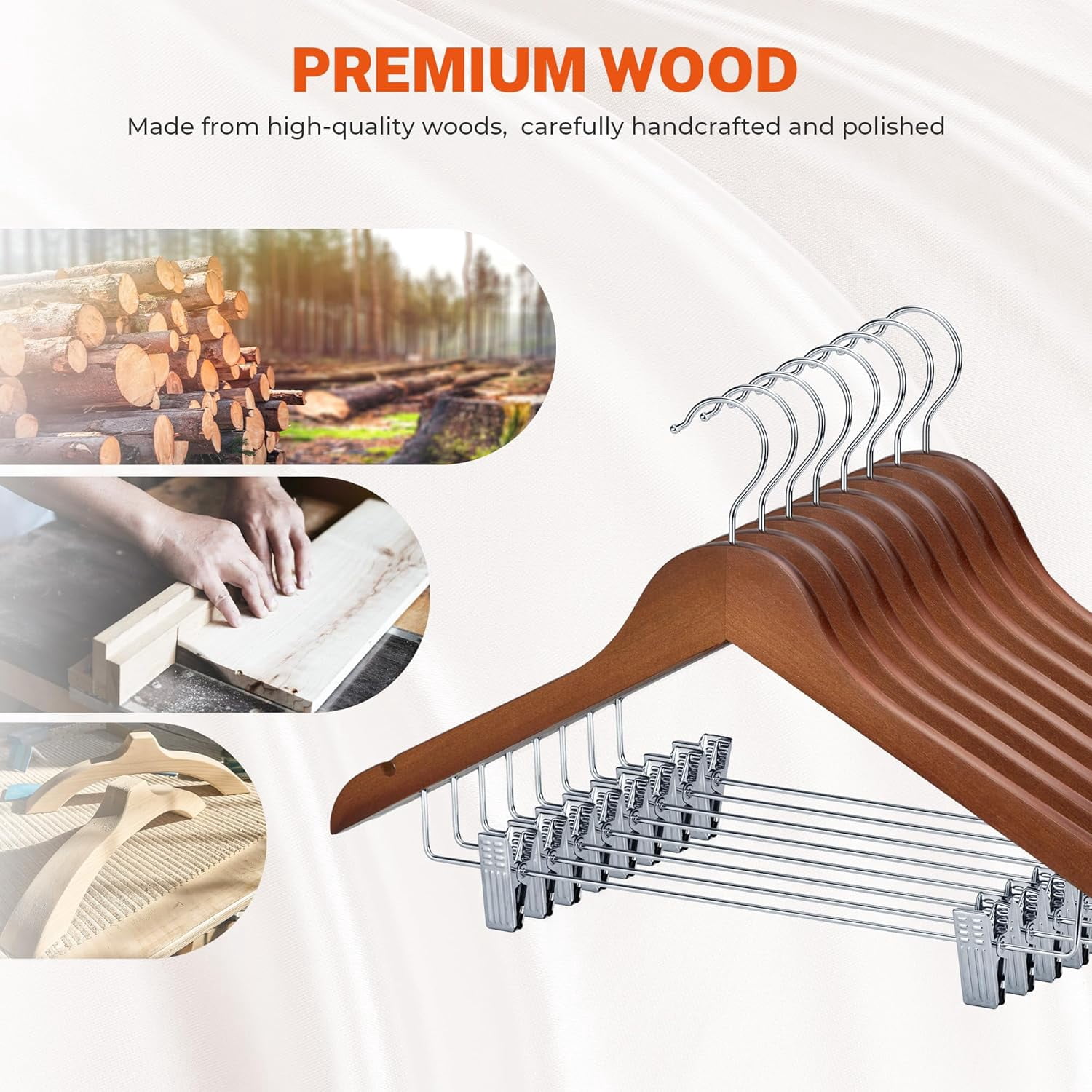 ACSTEP Wooden Hanger with Clips 12 Pack, Premium Coat Hanger, Wooden Clothing Hanger with Shoulder Grooves, 360 Degree Rotatable Hook, Walnut