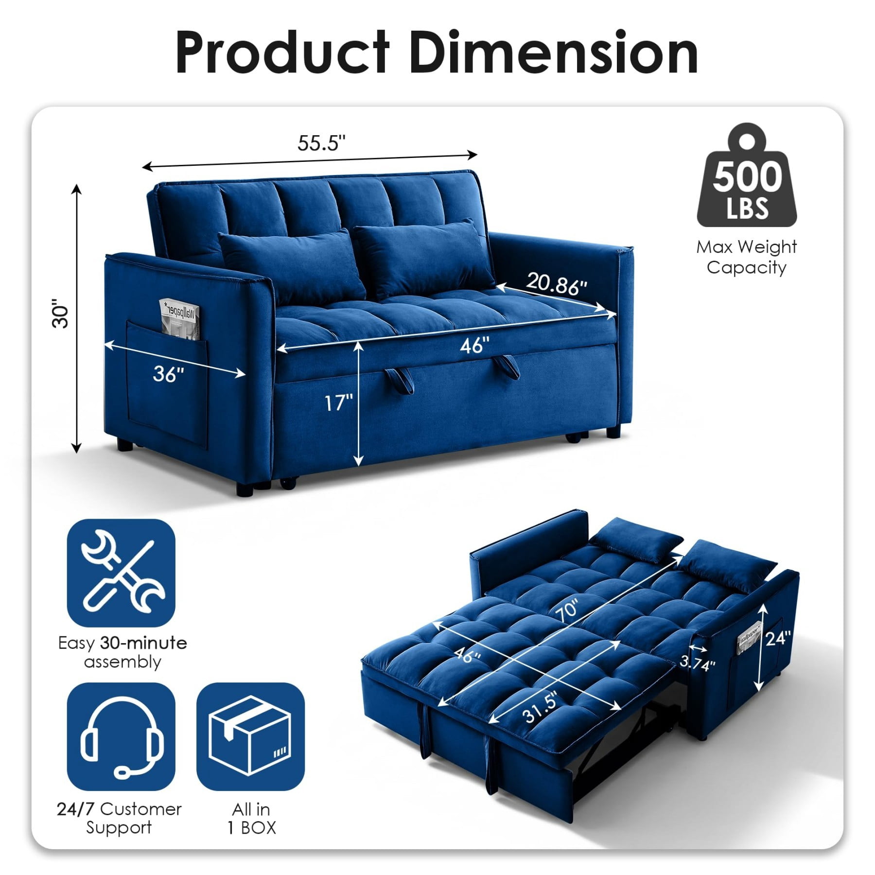 54" 3 in 1 Convertible Velvet Sofa Bed, 3 Position Foldable Sleeper Couch with Adjustable Backrest & Pillows, Dark Blue