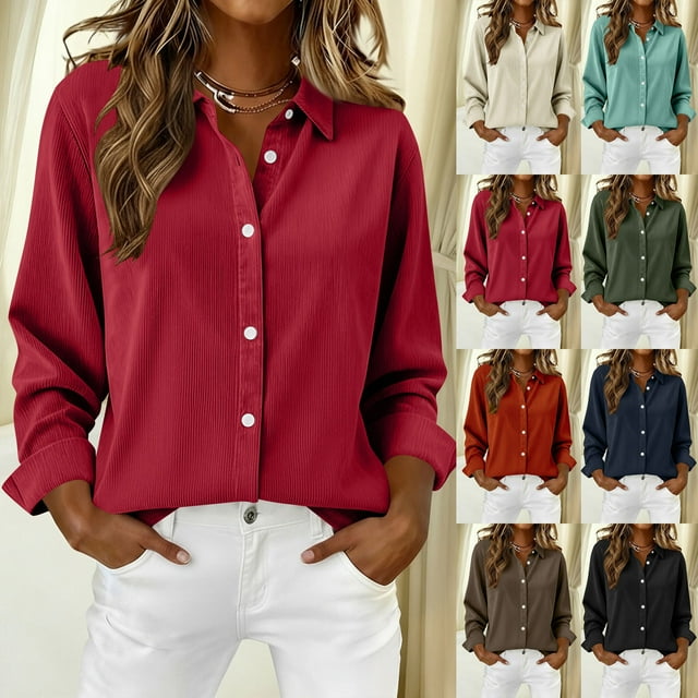 Yuyuzo Womens Corduroy Shirts Long Sleeve Button down Tops Casual Loose Fitted Solid Color Collared Blouses