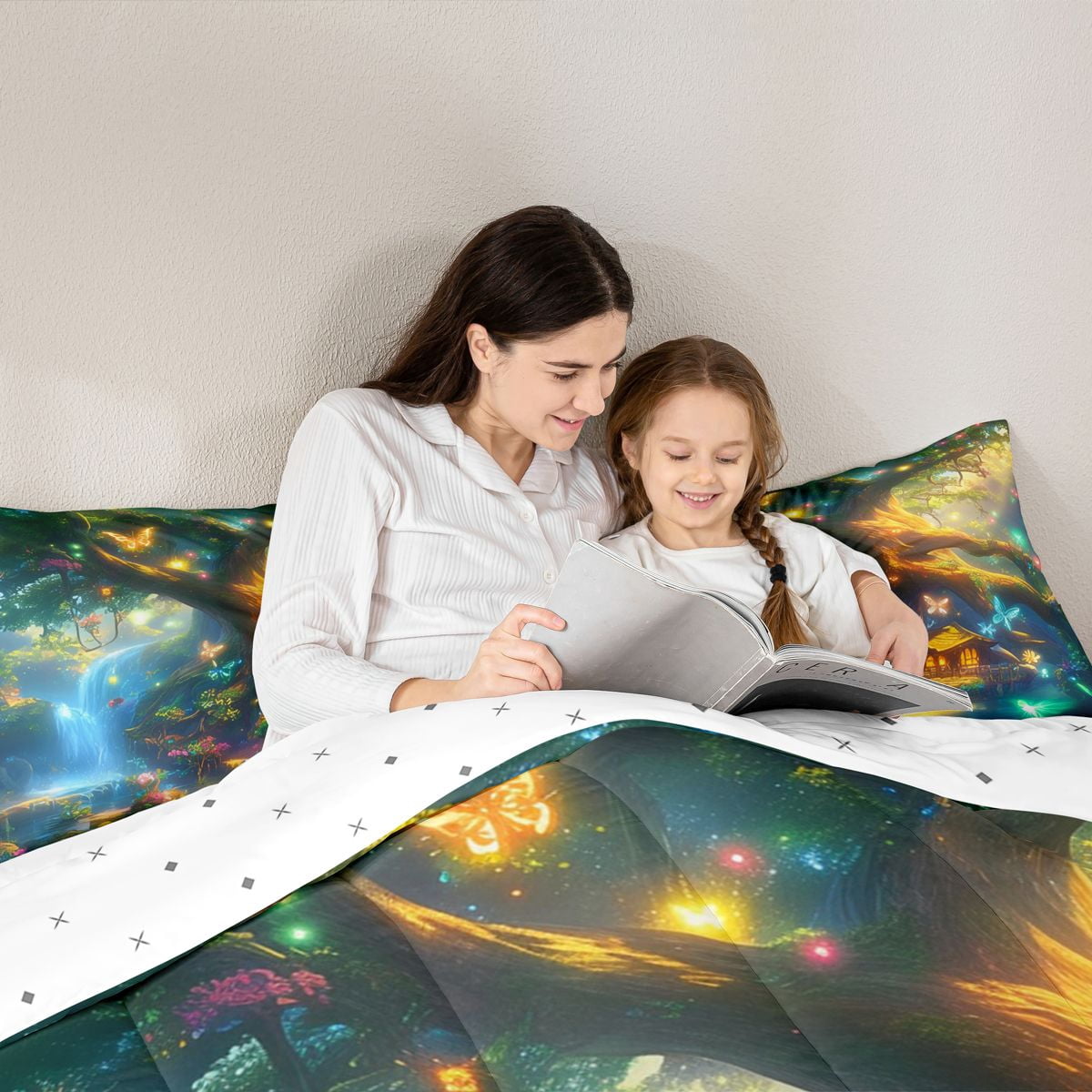 Homewish Natural Scenery 7-Piece Twin Bedding Sets,Neon Dreamy Butterfly Bedding Comforter Set,Blue Green Gold Sheet Sets For Girls Kids,Luxury Bedroom Decor Reversible