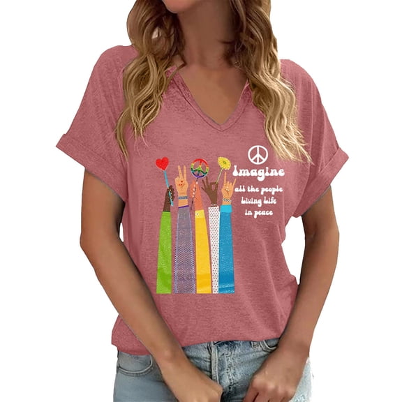 Wang6 Womens Plus Size V Neck Tshirts Casual Short Sleeve Imagine All the People Living Life in Peace Letter Printed Graphic Tees Summer Loose Fit Tops Pink XL
