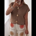 thumbnail image 4 of Suéter de Corta para Mujer, Cuello Redondo, Cárdigan de Punto de Crochet Calado, Camisas Casuales de Verano con Botones. Marrón S, 4 of 7