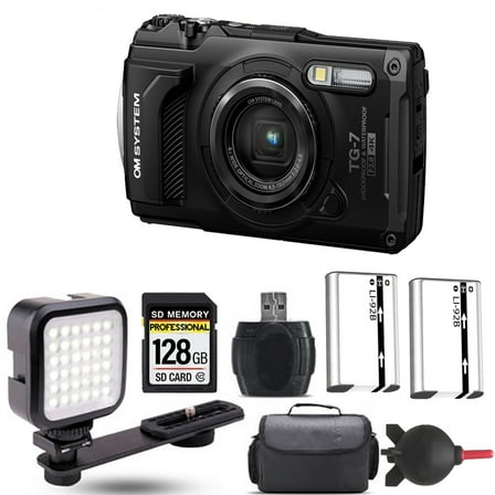 Olympus OM SYSTEM Tough TG-7 Digital Camera (Black)   Extra Battery   LED - 128GB Kit (International Version)