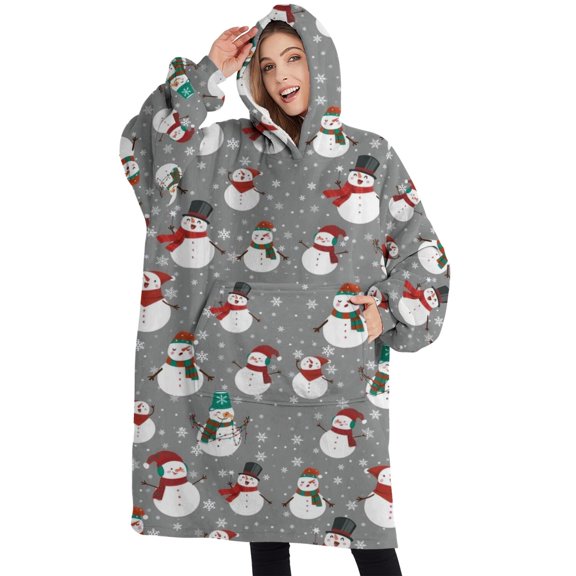 Oversized Wearable Blanket Hoodie,Gray Christmas Snowman Pattern Sherpa Blanket Hoodie with Super Pockets,Super Warm Fuzzy Pullover for Women & Men