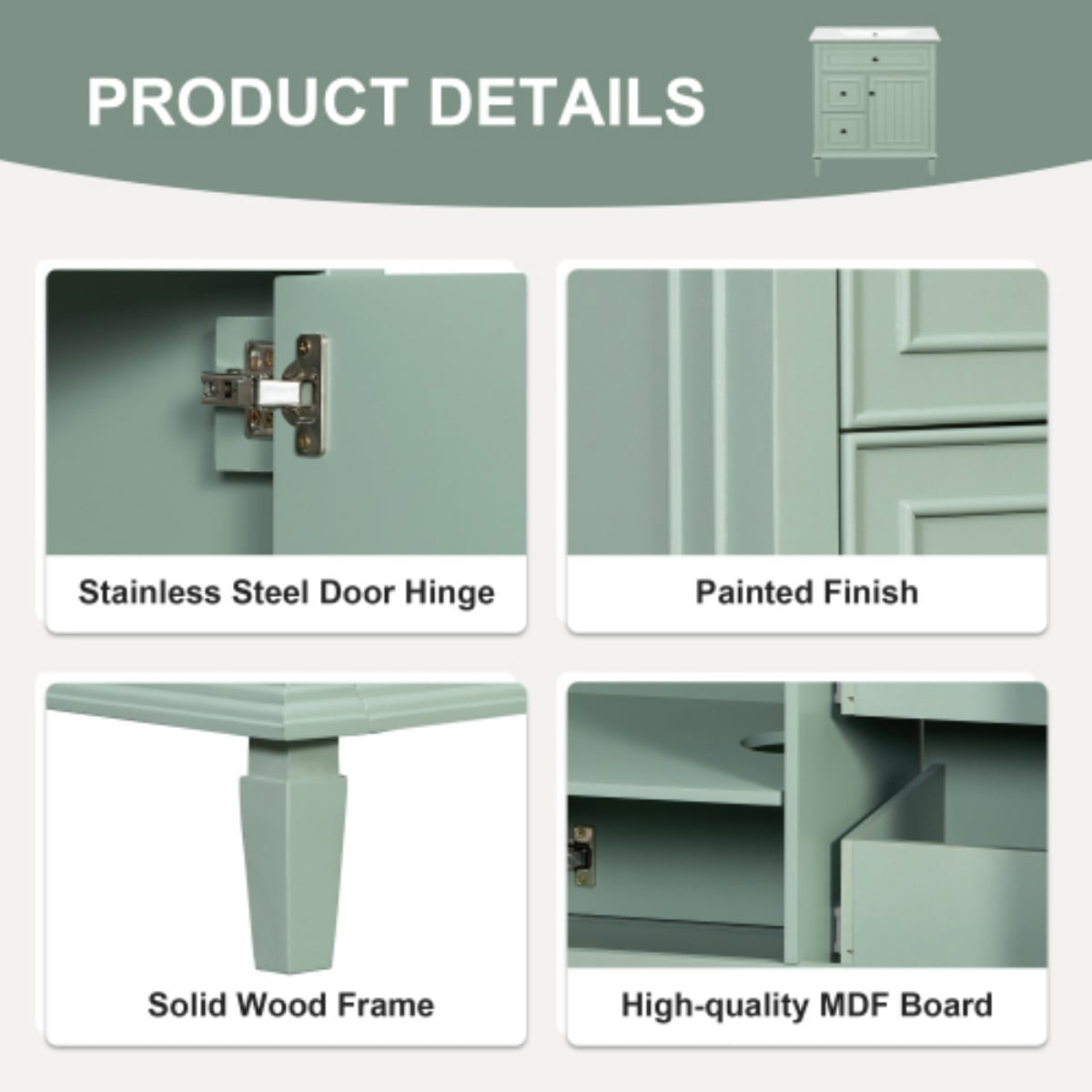 30" Bathroom Vanity with Sink, Modern Bathroom Cabinet with Ceramic Vanity Sink, Solid Wood & MDF Storage Cabinet with Flip Drawer, Adjustable Shelf, Green