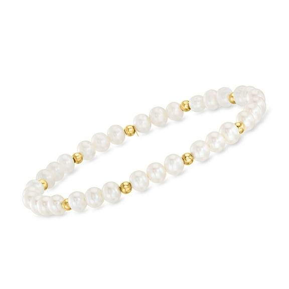 Pure Collection by Ross-Simons 4-5mm Cultured Pearl and 14kt Yellow Gold Bead Stretch Bracelet, Women's, Adult