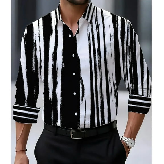 Men's Shirts Print Wrinkle Free Lapel Long Sleeve Button Down Loose Casual Stand Collar Shirt Tops (XL, White)