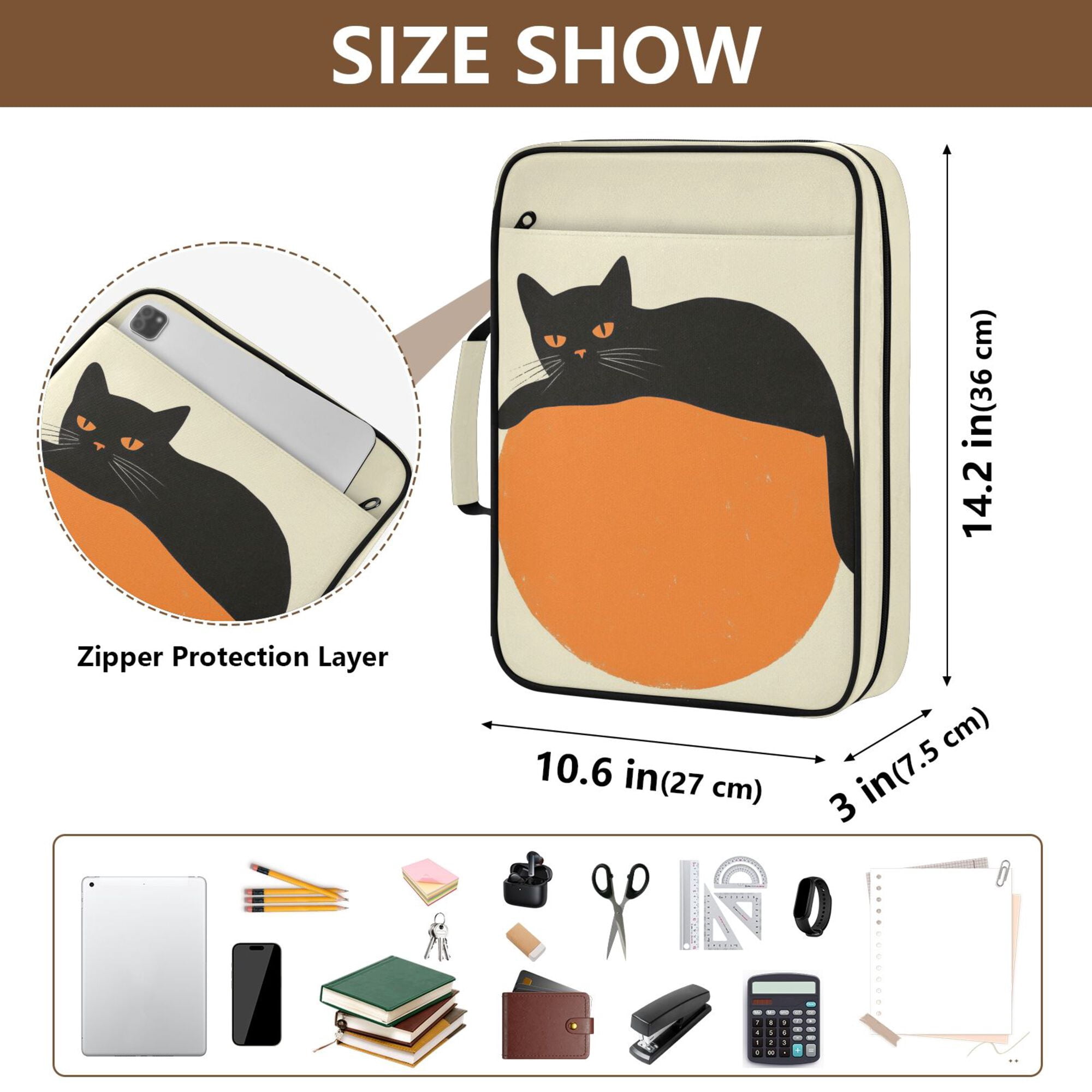 FORMRS Accordion File Folder A4 Size 7-Pocket Expanding Document Organizer Bag with 3 Ring Binder, Black Cat Orange Ball