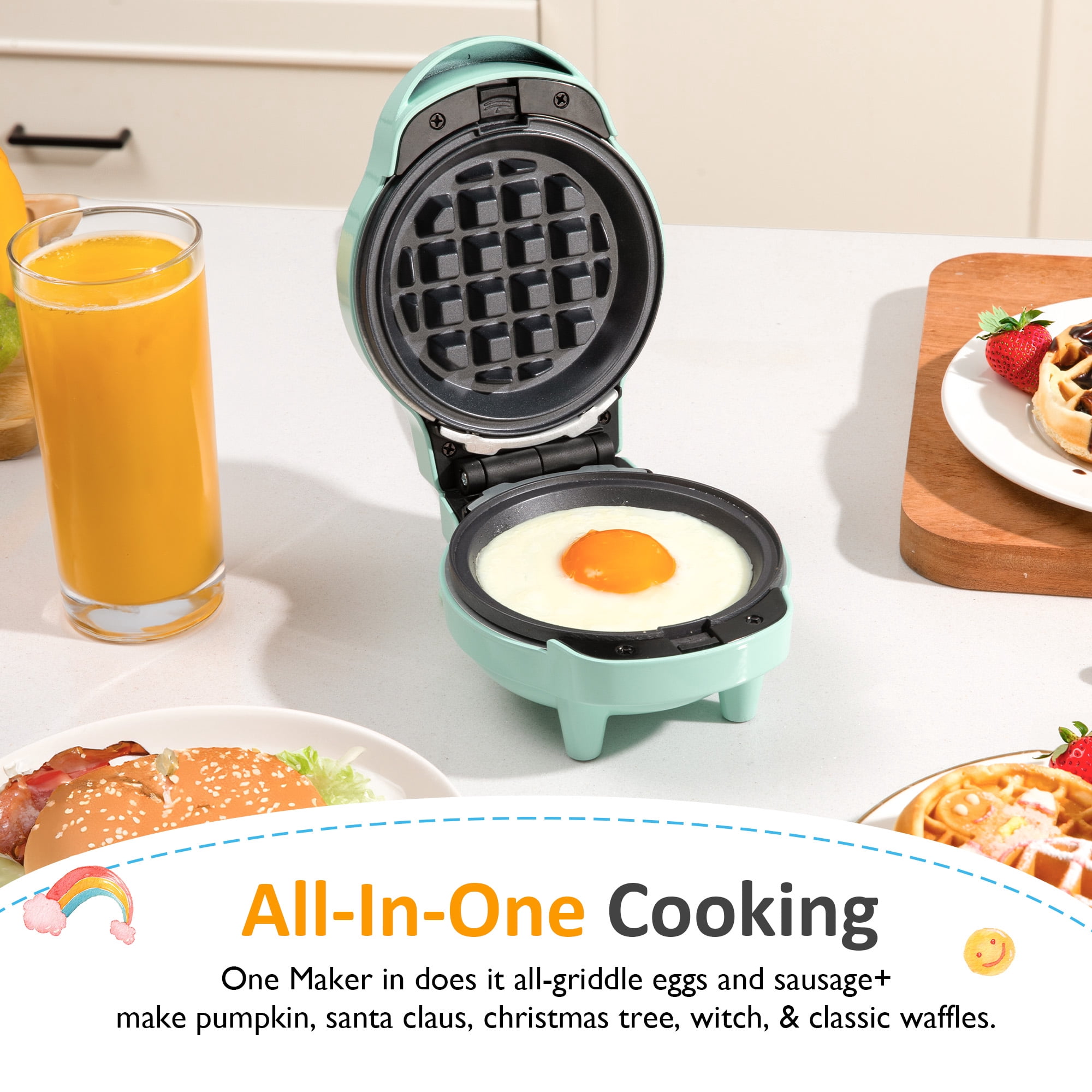 Heynemo 6 in 1 Mini Waffle Maker, 4” Waffle Iron with Removable Non-stick Plates, Perfect Mini Waffle Maker for Kids and Families, Light Blue