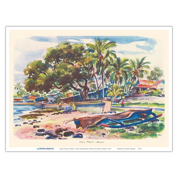 Kona Coast Hawaii - Wa'a (Outrigger Canoe) - Vintage Hawaiian Travel Poster by Joseph Fehér c.1947 - Master Art Print (Unframed) 9in x 12in