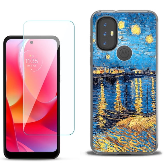 Slim-Fit Gel TPU Phone Case for Motorola Moto G Power 2022, with Tempered Glass Screen Protector, by OneToughShield ® - Starry Night Rhone