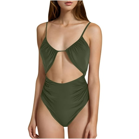 UTSJKR Savings Womens One Piece Swimsuit Tummy Control Bathing Suit Sexy Flattering Cheeky High Cut Out Cute Ladies Swimwear Army Green L