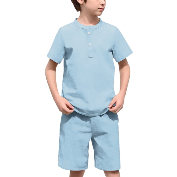 Fnooota Boys Summer Outfit Sets Size 10-12, Cotton Linen Short Sleeve Summer 2 Piece Kids' Clothing Sets Light Blue Size 11-12 T