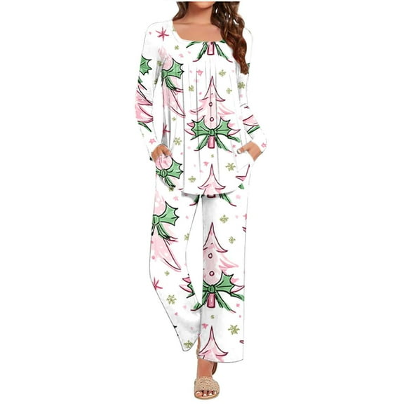 Lorytime Women's Pajama Set Christmas Tree Long Sleeved Quare Neck Tops Elastic Waist Pants Cozy Loungewear Gift