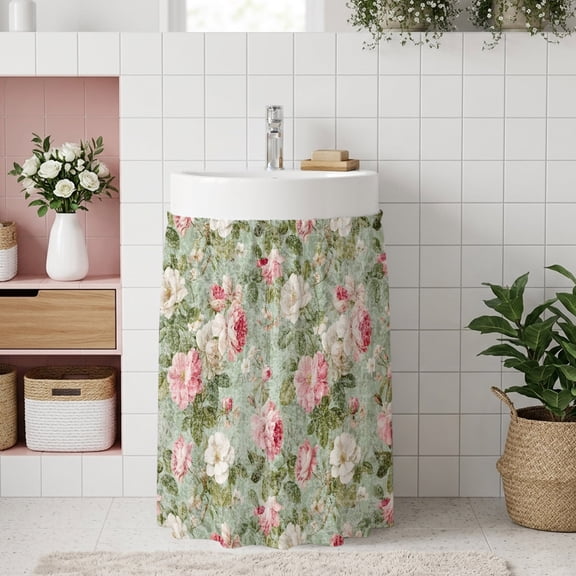Small Cabinet Curtain 10''W x 11''L, White Pink Flower Under Sink Cover Drapes, Shabby Chic Spring Vintage Leaf Green Self Adhesive Cabinet Skirt for Kitchen/Bathroom Vanity/Laundry Room/Open Shelf