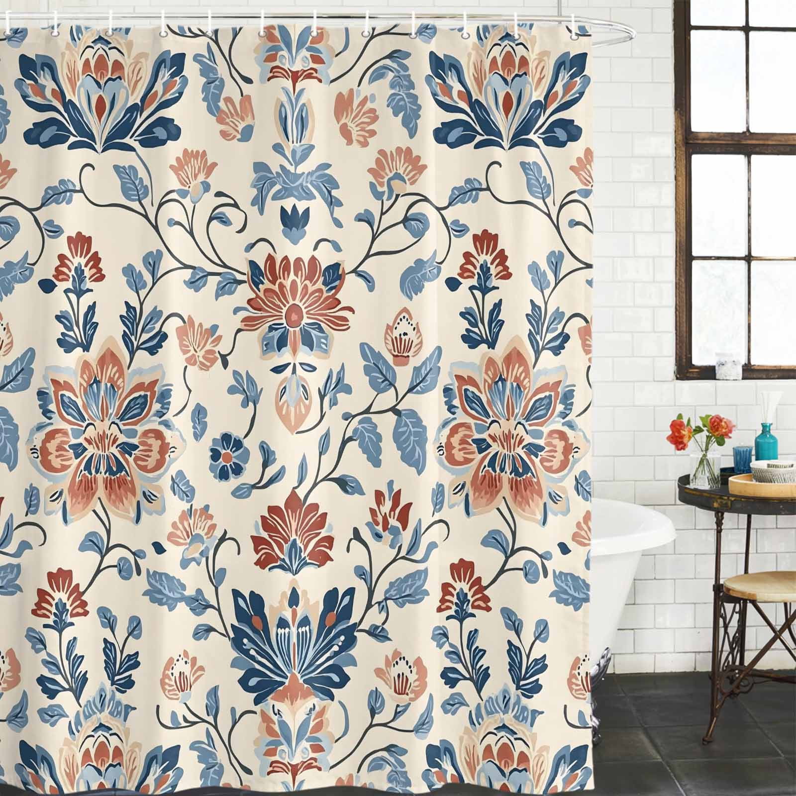Shower Curtain Bathroom Set Boho Abstract Flower Botanical Waterproof Fabric Shower Curtains with Grommets&Hooks, Retro Ombre Blue Floral Privacy Bath Curtain for Bathtub 72x84in
