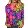 thumbnail image 2 of ICHUANYI Clearance Fashion Woman Round Neck 3/4Sleeve T-Shirt Printing Blouse Tops Sweatshirt(Purple, M) ICHUANYI WER2023081505570, 2 of 4