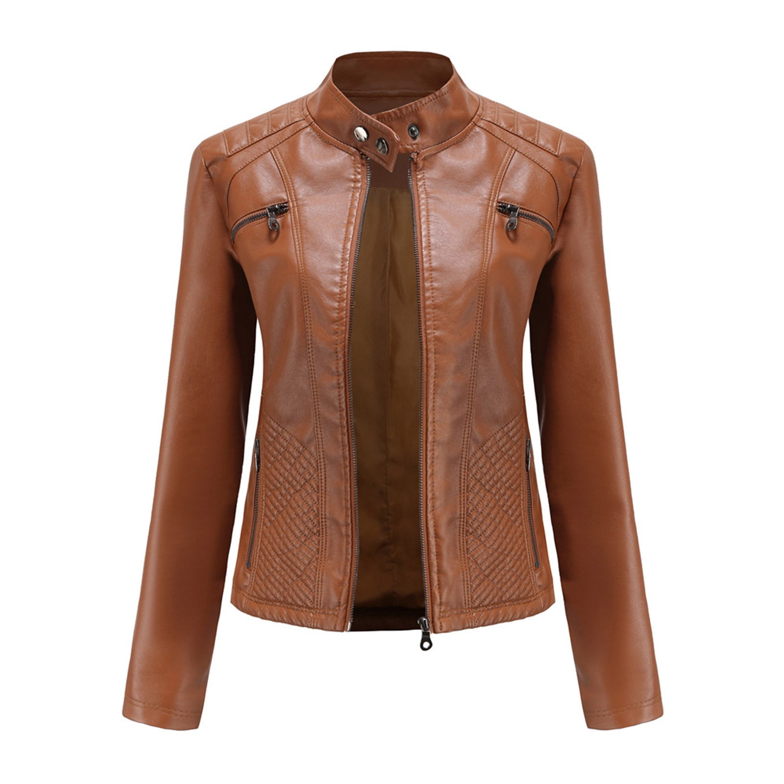 Women's Zip Up Stand Collar Faux Leather Jacket Fitted Slim Fit Moto Biker Jacket Plus Size with Pockets Girls' Outerwear Jackets & Coats Fall Hackets for Women