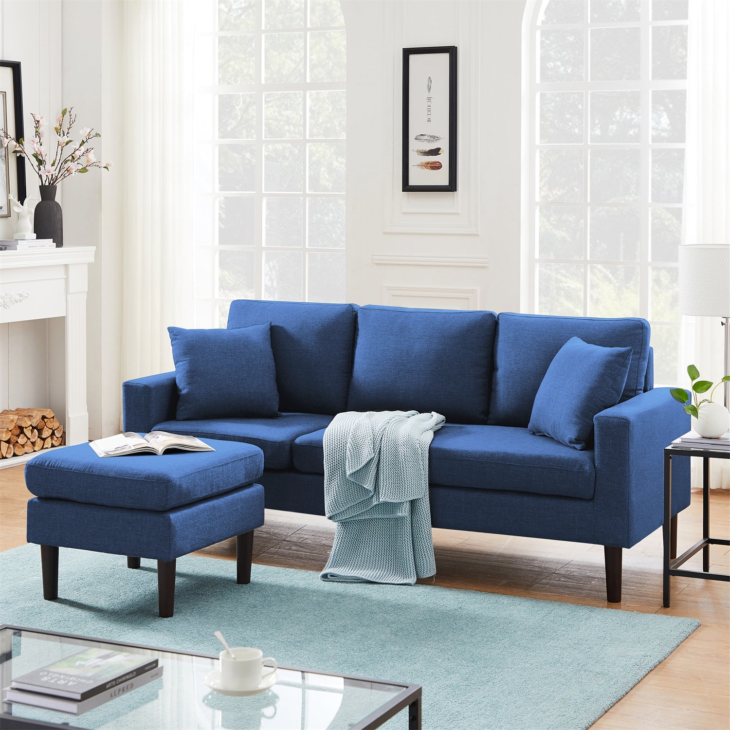 Kadyn 72" Sectional Sofa, L-Shaped Sofa with 2 Pillows, Fabric 3-Seat Sofa for Living Room, Navy Blue