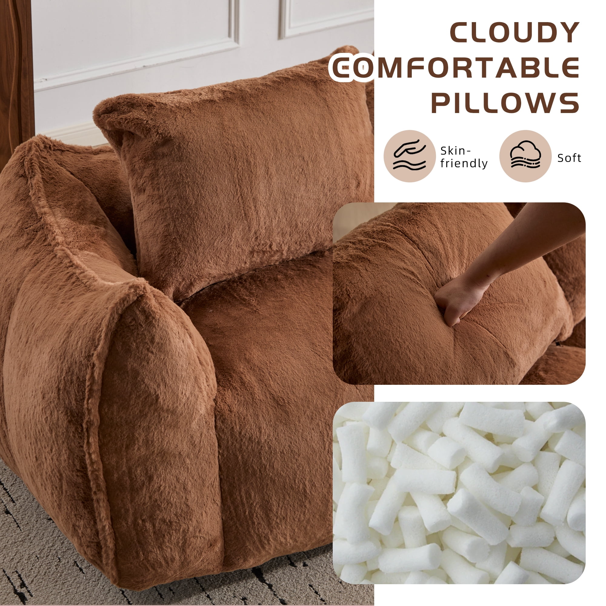 FFH Bean Bag Chair for Adults, 75" Oversized Loveseat Bean Bag Sofa with 2 Pillows, Lazy Sofa Reading Chaise Lounge Couch for Living Room, Bedroom, Brown