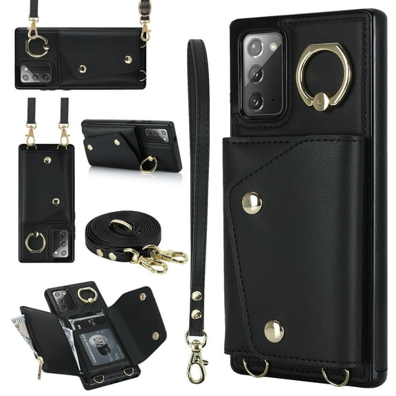 Crossbody for Samsung Galaxy Note 20 Ultra Phone Case for Women, Wallet Case with Credit Card Holder Shoulder Strap & Wrist Lanyard Shockproof Purse Back Flip 360 Ring Holder Kickstand Case,Black