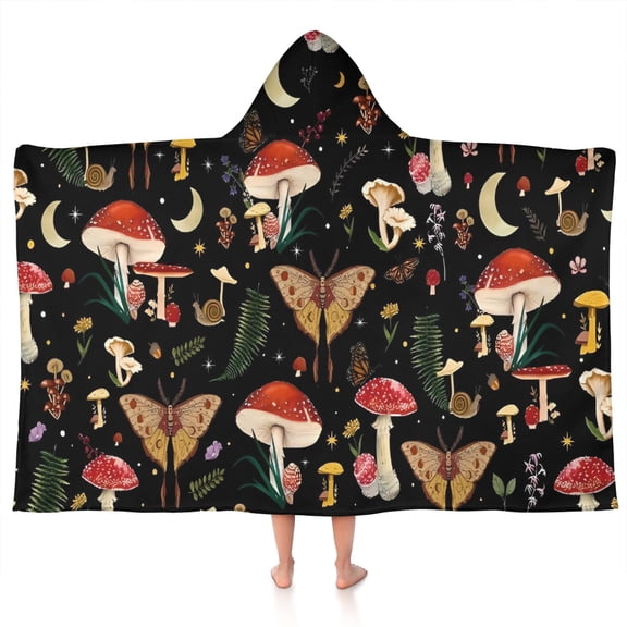 Red Mushroom Butterfly Black Pattern Hooded Bath Towel，50"x30" for Ages 3 To 12 Kids, Quick Dry Lightweight Soft Microfiber Hood Beach Towel Cover Up for Kids