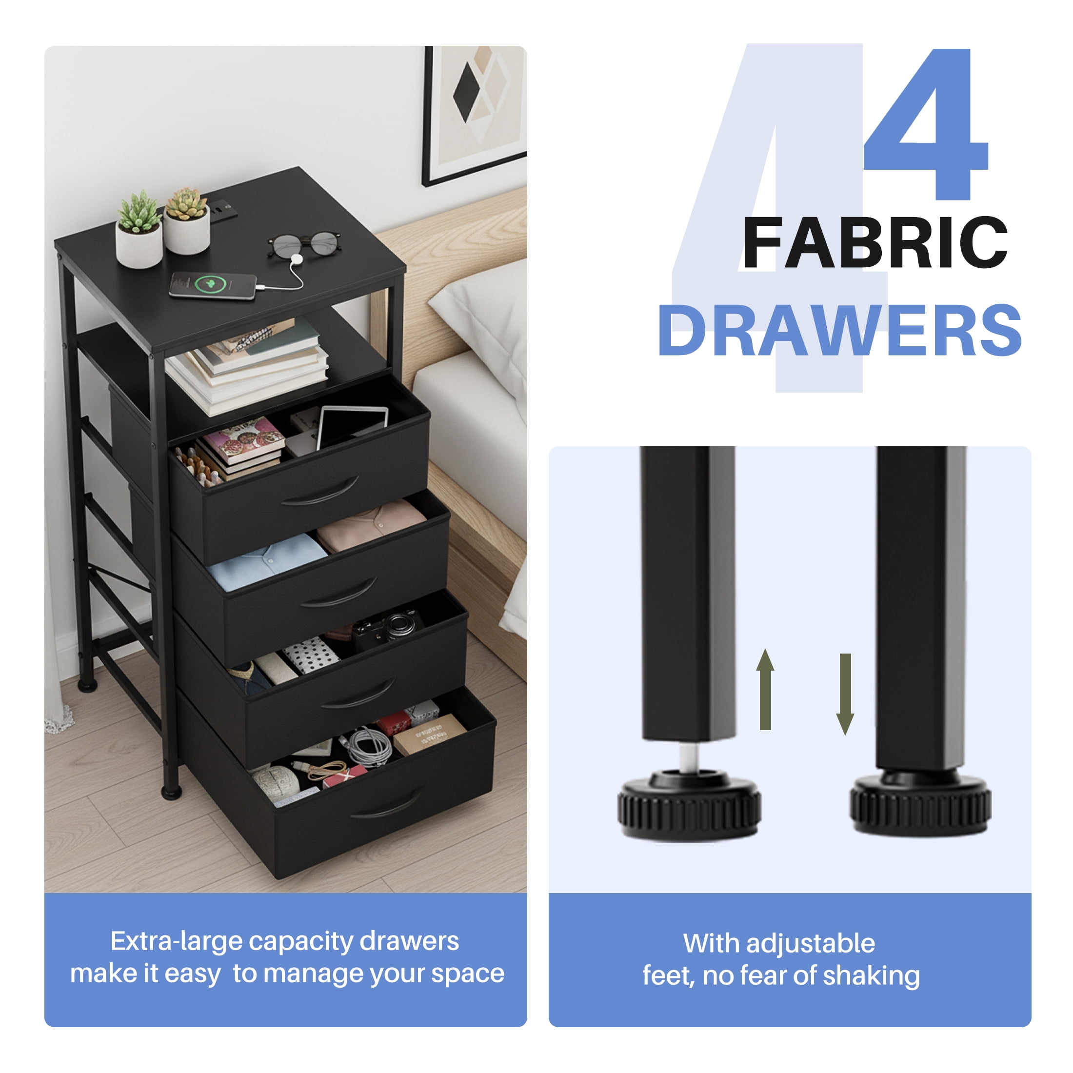 CONCETTA 4 Fabric Drawers Nightstand with Charging Station, USB/Type-C Ports, Adjustable Feet, Bedroom, Black