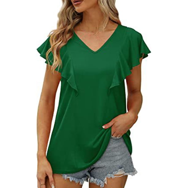 Gibobby Playera de Verano para Mujer Camisetas manga corta con volantes para mujer, camisetas holgadas tamaño con cuello en V a la moda, blusas casuales(Verde,CH)