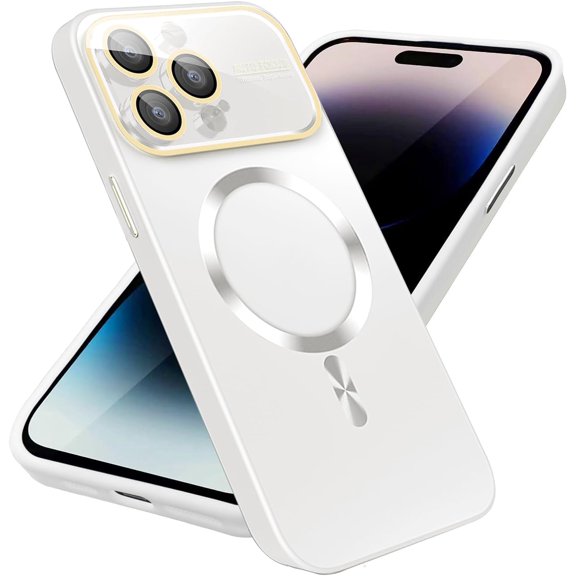 Magnetic for iPhone 14 Pro Max Case, Compatible with Magsafe, Full Glass Camera Lens Protector, Anti-Scratch Shockproof Protection Slim Matte Back Case for iPhone 14 Pro Max, White