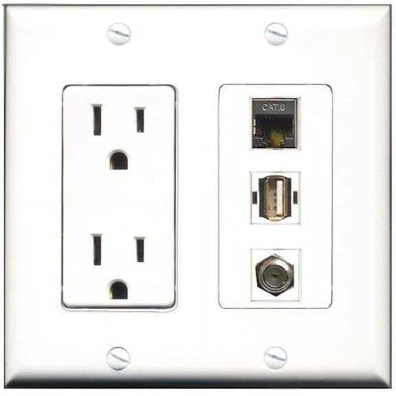 RiteAV - 15 Amp Power Outlet 1 Port Coax 1 Port USB A-A 1 Port Shielded Cat6 Ethernet Ethernet Decorative Wall Plate