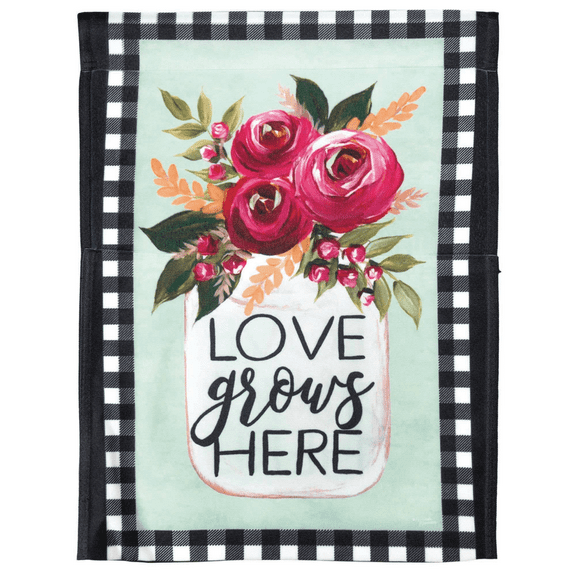 Love Grows Here Pink Rose 8 x 14 Large Polyester Outdoor Hanging Garden Flag