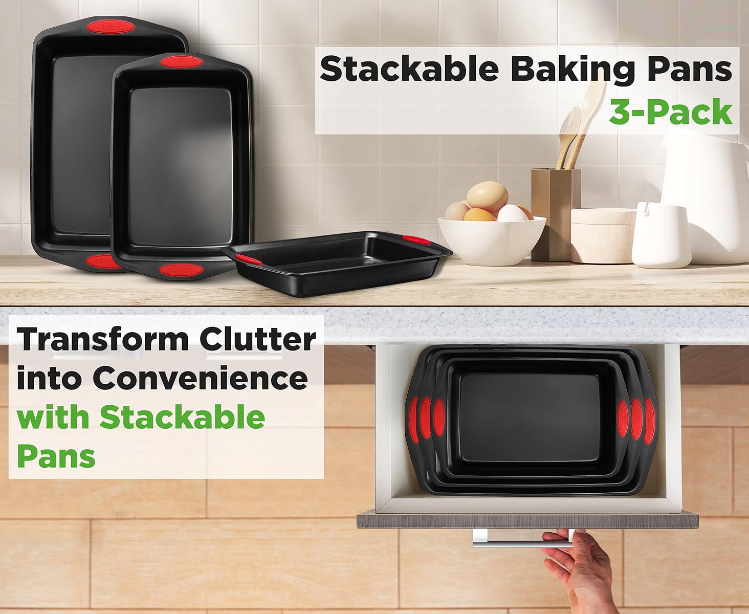 CHEF LANG Nonstick Bakeware Set - 5 Piece Baking Pan Tray Set With Silicone Handles & Utensils, Baking Sheet, Carbon Steel Cookie Sheets, Baking Dish, Baking Pans, Black