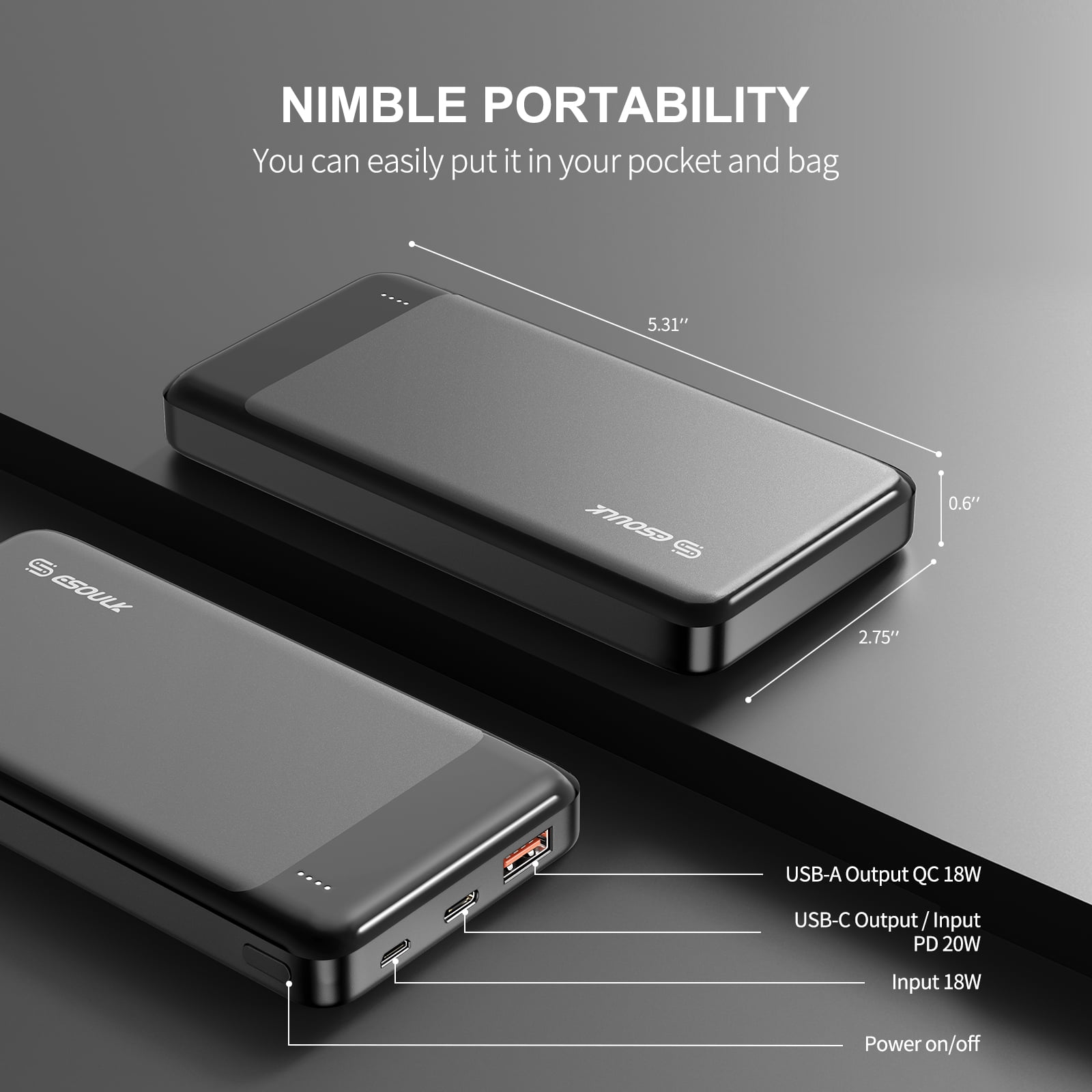 Esoulk 10000mAh USB-C PD20W / QC18W POWER BANK
