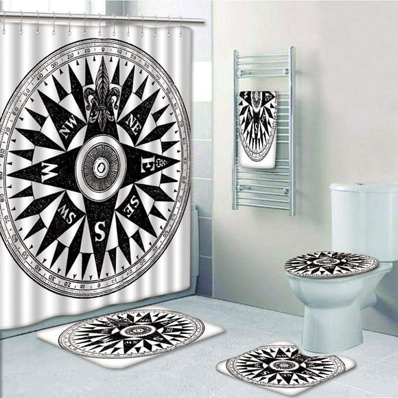 EREHome Compass Vintage British Navy Compass in Discovery of the New World 5 Piece Bathroom Set Shower Curtain Bath Towel Bath Rug Contour Mat and Toilet Lid Cover