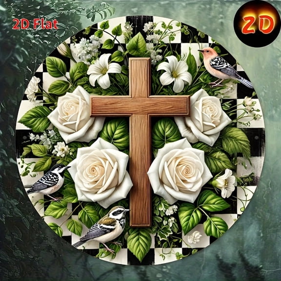HELLOYOUNG Jesus Saves Metal Sign Religious Wall Art 8 Inch Round with White Roses Cross Durable for Home Garden Porch Decor