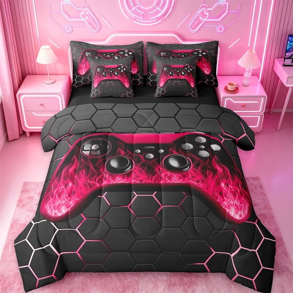 Manfei Neon Gamepad Bedding Twin Size,Modern Geometric Honeycomb Comforter Sets with Sheets,Red Black Bedding Sets Twin Size For Boys Kids,Super Cozy Bedroom Decor Reversible,7pcs