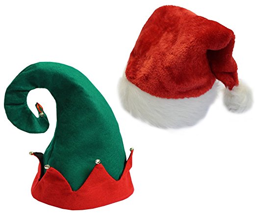 Cp Christmas Youth Kids Hats- Felt Elf Hat & Red Santa Hat Set of 2 One-size Fits Most Children 