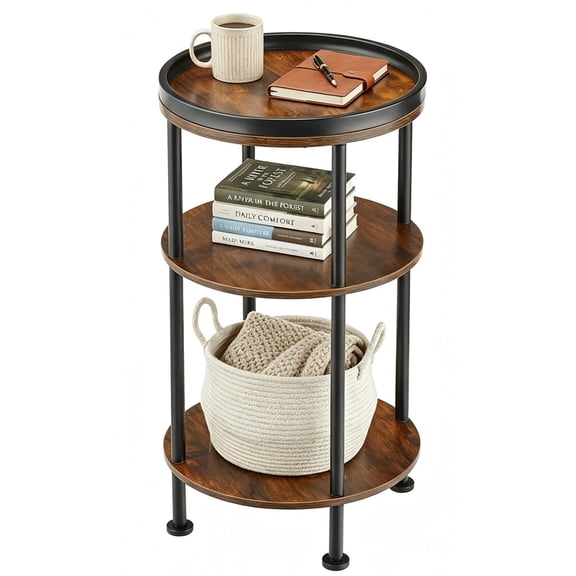 Side Table, Small Round End Table for Narrow and Small Space, 3-Tier Round Accent Couch Beside Table, Modern Side Table Corner Sofa Table Nightstand for Living Room Bedroom (Rustic Brown)