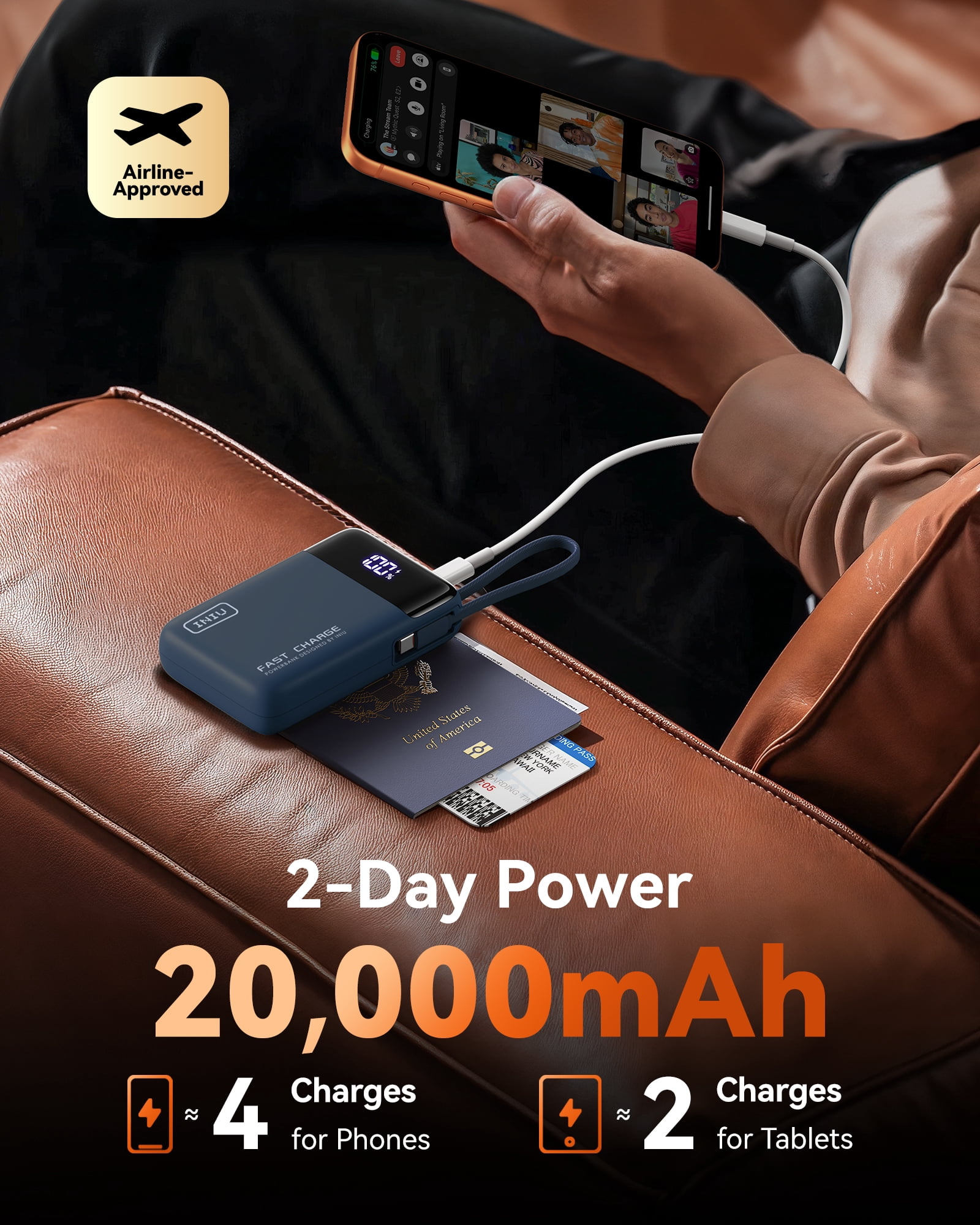 INIU 20,000 mAh Portable Power Bank with Built-in Cables, 45W Fast Portable Charger with USB-C, Battery Pack with LED Display Compatible with iPhone and Android Phone,Hiking,Travel Essentials,Blue