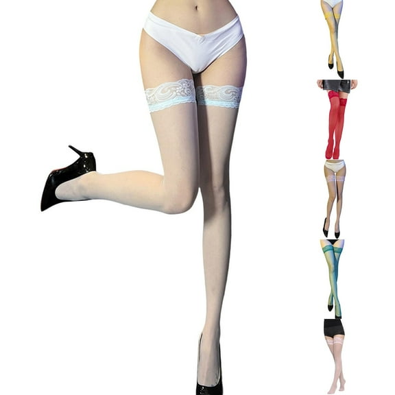 Kilaqueen Thigh High Stockings Silicone Lace Top Stay Up Silky Semi Sheer Pantyhose for Women Hold Up Stay Up Silk Nylon Pantyhose