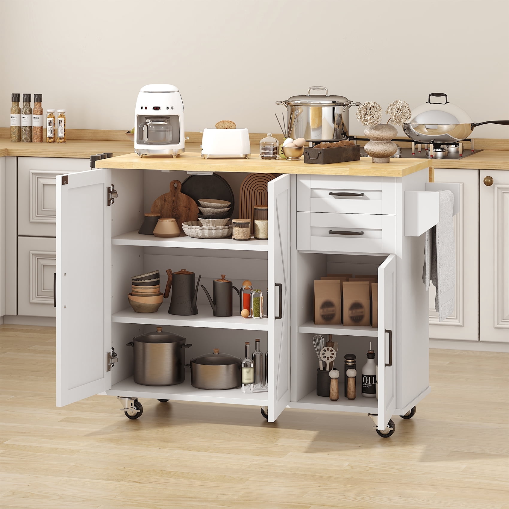 Meteorleg 51.2'' Kitchen Island Cart on Wheels, 3-Doors 2-Drawers Rolling Storage Cart with Adjustable Shelves & Rubberwood Countertop, White