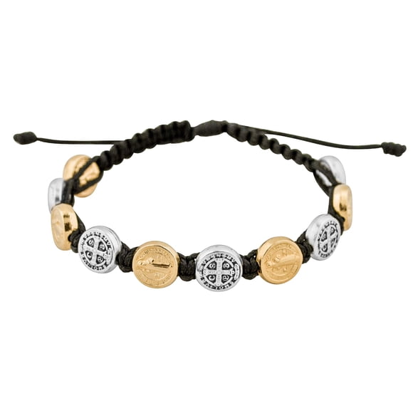 Good Shepherd Creations Adjustable Cord Bracelet with Saint Benedict Medals (Black Cord with Gold and Silver Medals)