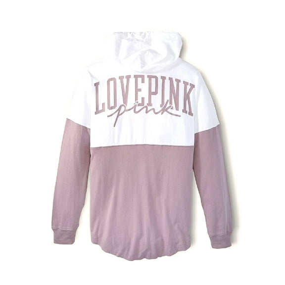 Victoria's Secret Pink Varsity long sleeve Pullover Hoodie Tee Dreamy Lilac and White Size Large NWT