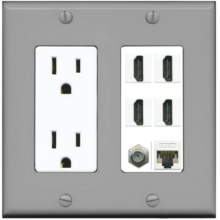 - RiteAV 15A Power Outlet, 4 HDMI, 1 Cat5e Ethernet, 1 Coax Cable TV Wall Plate - Gray/White