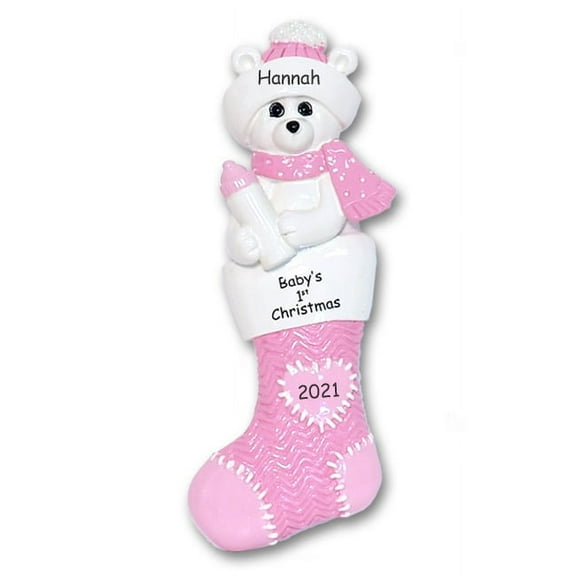 Baby's First Christmas - Polar Bear in Stocking Personalized Baby Ornament for Girl